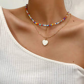 Multi-layer Heart Pendant Seed Beaded Choker Necklace Set